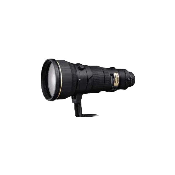Side profile view of a black Nikon telephoto lens with gold accents, showing the barrel, focus ring, and front element against a dark background.