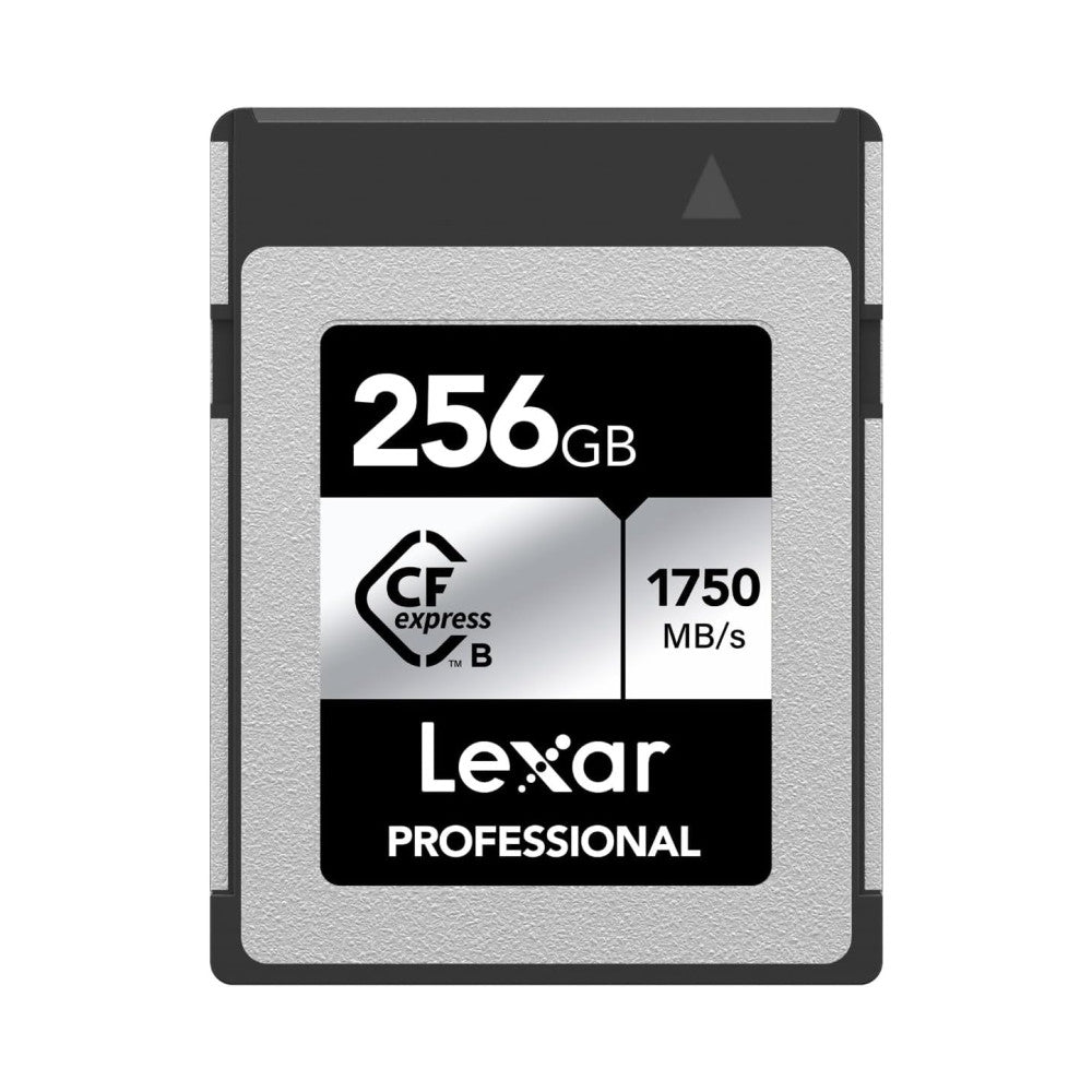 Front view of a silver and black Lexar Professional CF Express Type B memory card showing 256GB capacity and 1750 MB/s speed specifications.