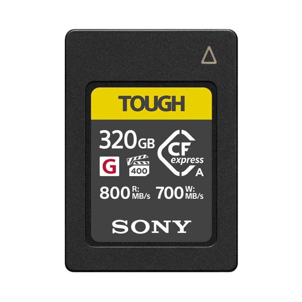 Front view of Sony 320GB CFexpress Type A TOUGH memory card showing yellow and dark gray labeling with specifications.