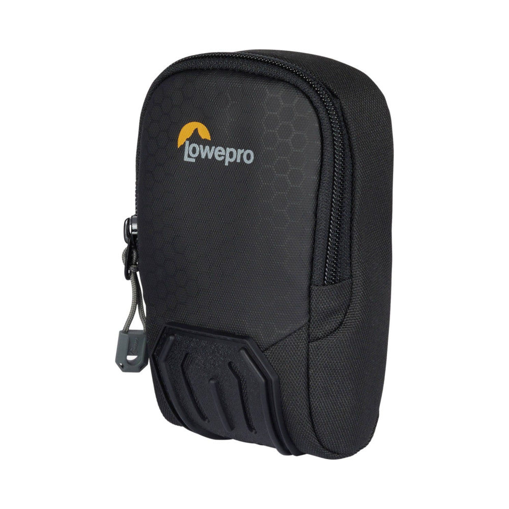 Black LowePro camera case with yellow and gray logo, shown from front angle with zippered compartment and carabiner clip visible.
