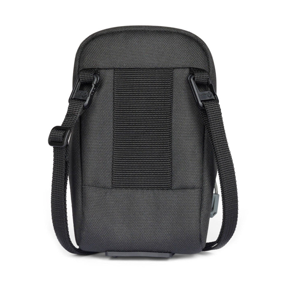 Front view of a black Lowepro Adventura CS20 III camera bag showing ribbed fabric design, shoulder strap, and top carry handle against white background.