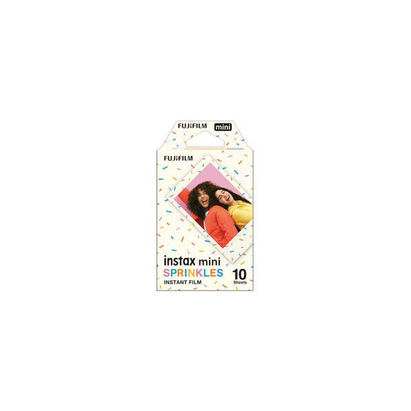 Front packaging view of Fujifilm Instax Mini Sprinkles film showing a photo of two smiling women and colorful confetti-pattern design on white background.