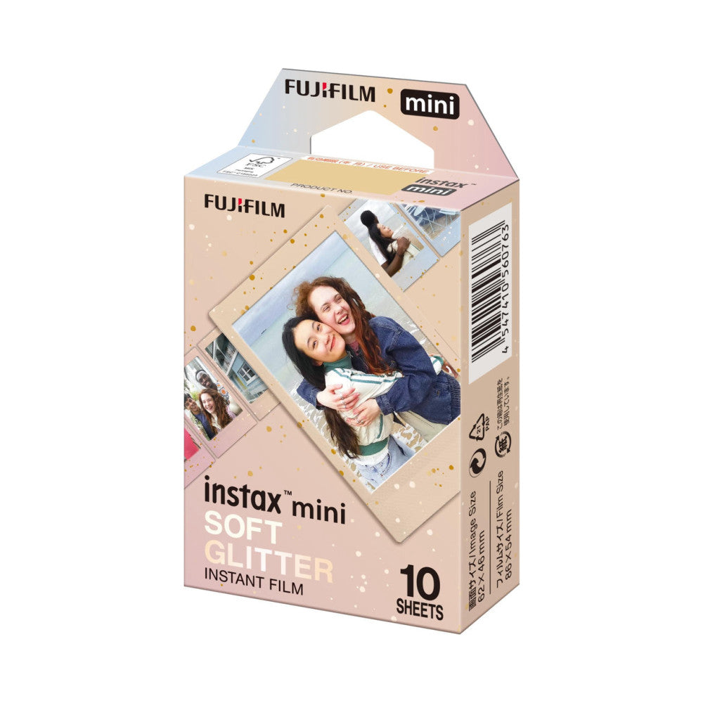 Fujifilm Instax Mini Soft Glitter film box showing front packaging with sample instant photos and product details against a beige background.