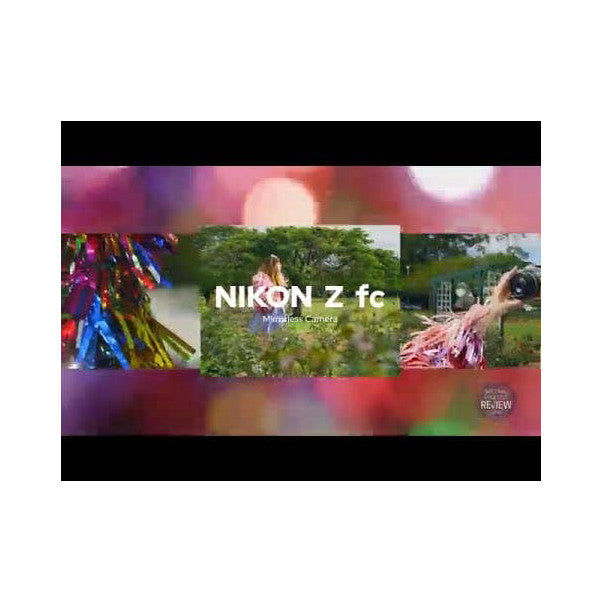 Nikon Z fc mirrorless camera product showcase with sample photos of colorful flowers, nature landscapes, and outdoor photography examples on pink background.