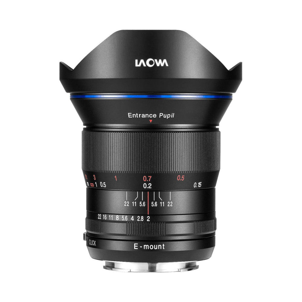 Front view of Laowa 15mm f/2 ZERO D lens with wide-angle hood, showing focus ring, aperture markings, and E-mount bayonet.