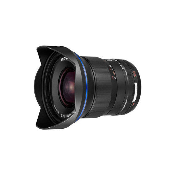 Black ultra-wide angle lens with blue accent ring shown from front three-quarter view against white background