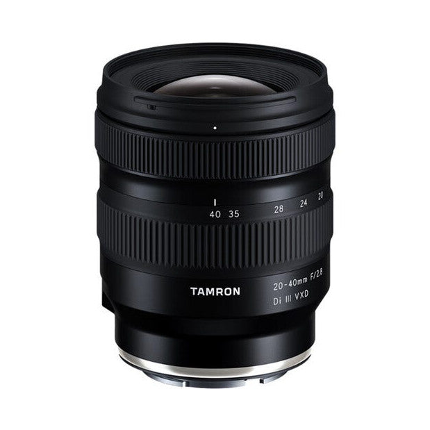 Black Tamron 20-40mm f/2.8 zoom lens photographed from the front against a white background, showing the barrel, focus ring, and focal length markings.