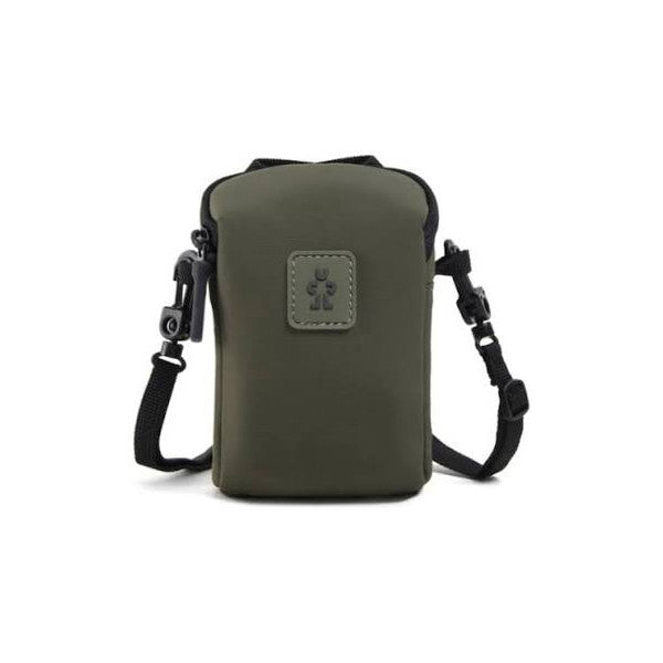 Front view of a tactical green rectangular camera pouch with black shoulder straps and a small embroidered logo patch.