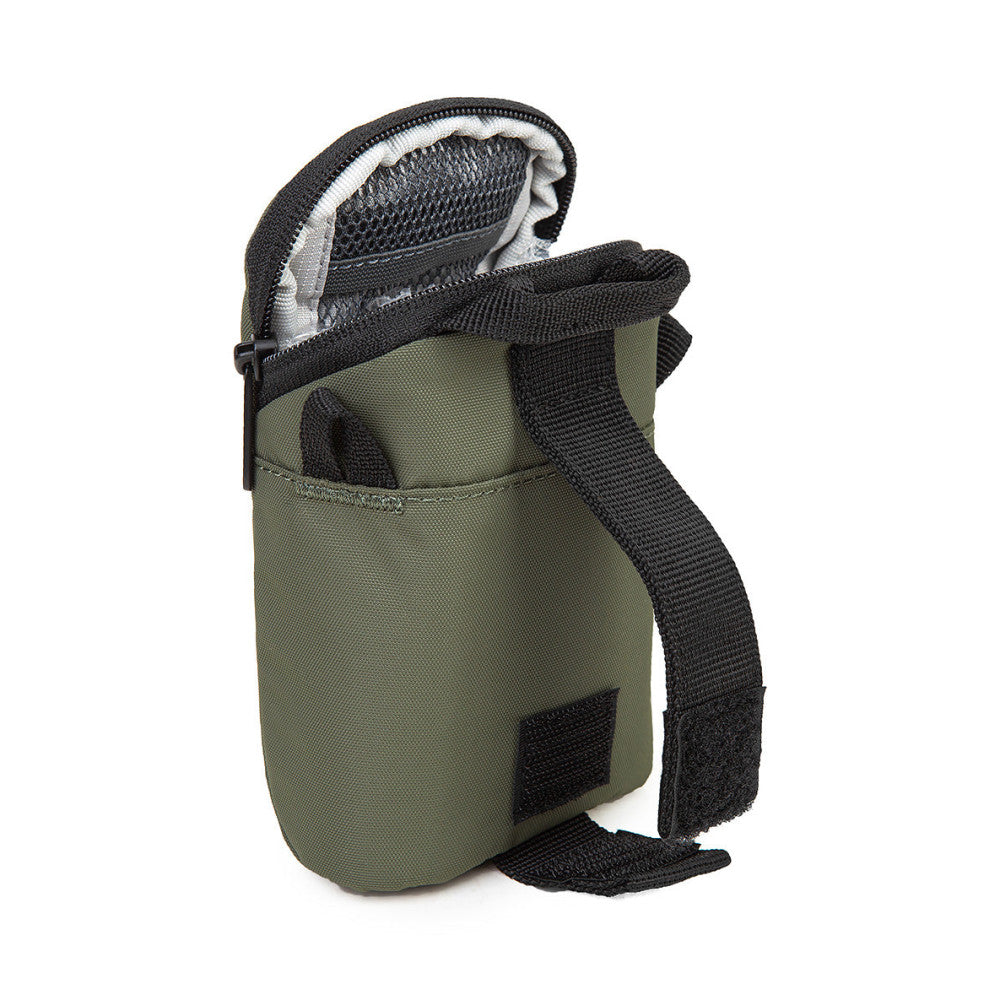 Open tactical green camera pouch with black straps and mesh interior lining visible, shown at three-quarter angle against white background.