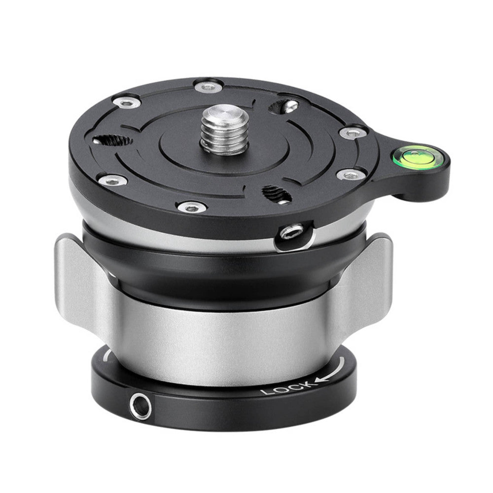 Isometric view of a black and silver leveling base with a central threaded mount, bubble level indicator on the side, and adjustment mechanisms visible on the top plate.