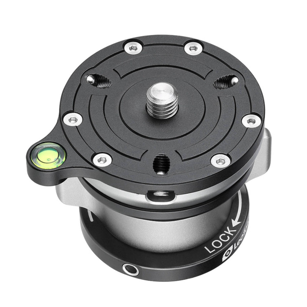 Top-down view of a gray and black leveling base with a central threaded post, bubble level indicator on the side, and adjustment screws around the circular plate.