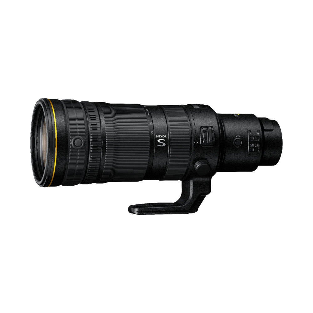 Black Nikkor Z telephoto lens shown in side profile view, displaying the barrel, focus ring, and tripod collar mount against a white background.