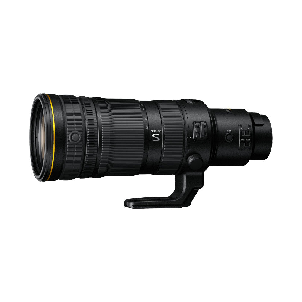 Side profile view of a black Nikkor Z telephoto lens with yellow ring accent, showing barrel, controls, and tripod foot mount.