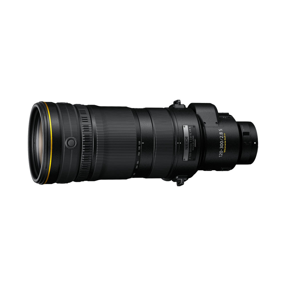 Side view of Nikon Z 120-300mm f/2.8 telephoto lens showing barrel, focusing ring, and VR controls against white background.