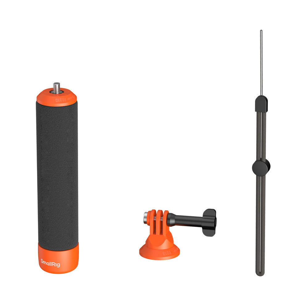 Three SmallRig float grip components displayed: cylindrical foam grip with orange cap, orange suction cup mount, and black extension rod with grip handles.
