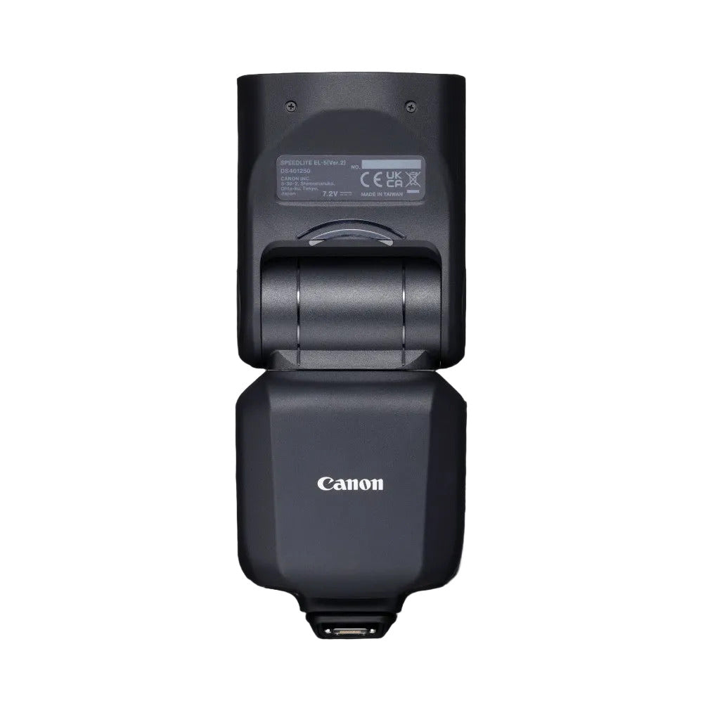 Rear view of Canon Speedlite EL-5 Ver.2 flash unit showing label, battery compartment, and Canon branding against black background.