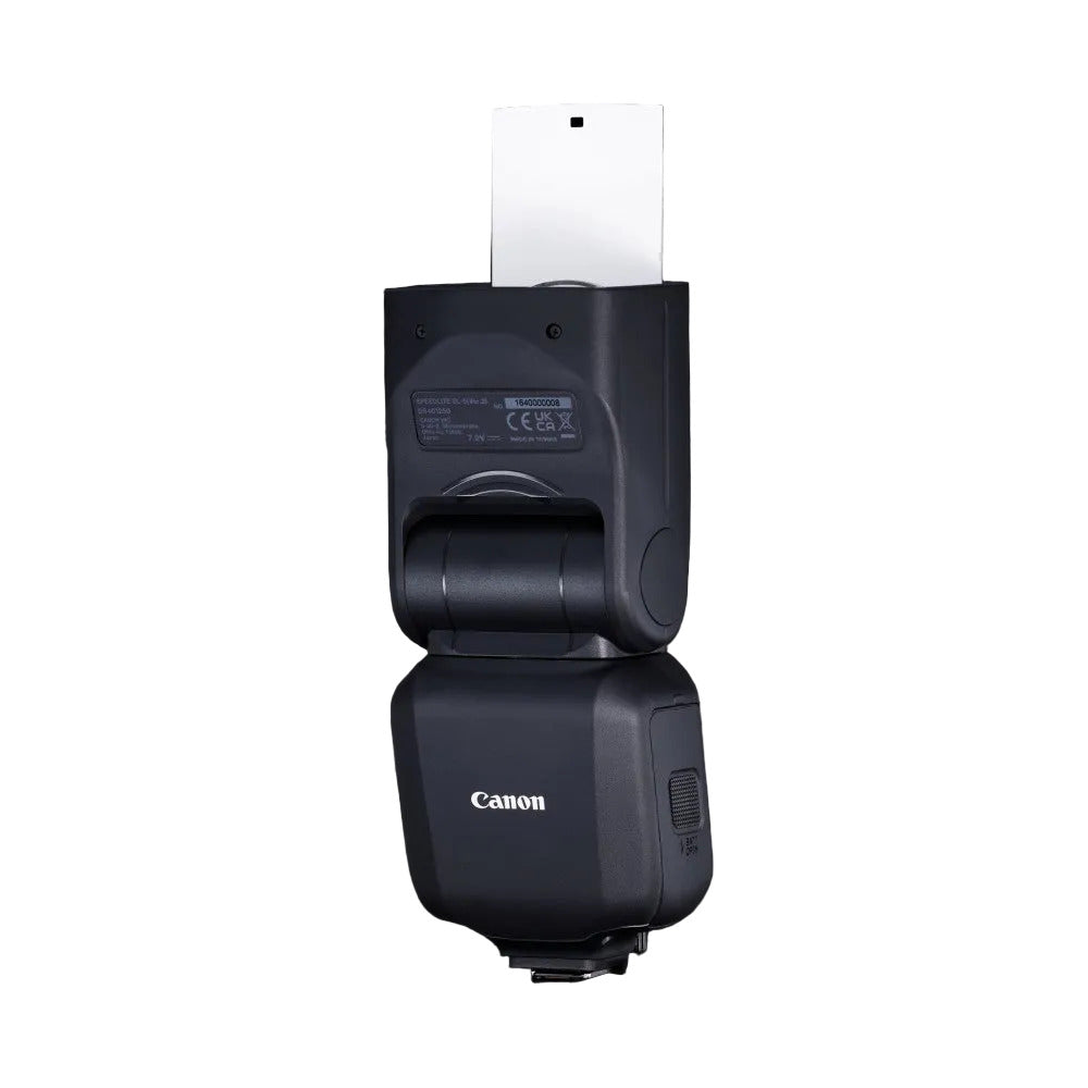 Rear view of Canon Speedlite EL-5 V2 flash showing control panel, battery compartment, and white diffuser dome mounted on top.