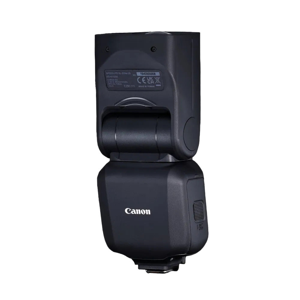 Canon Speedlite EL-5 V2 flash shown from rear and side view against black background, displaying label and battery compartment.