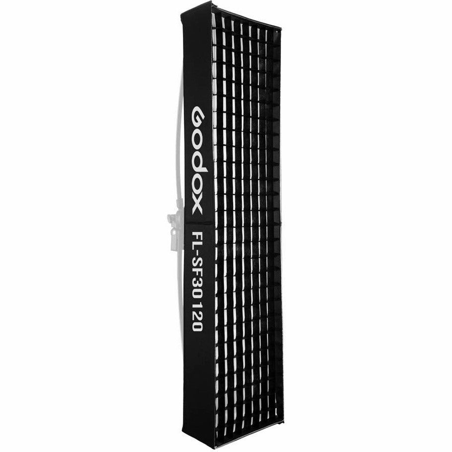 Black rectangular softbox with grid pattern shown from angled side view against white background, displaying vertical slat design and Godox branding.