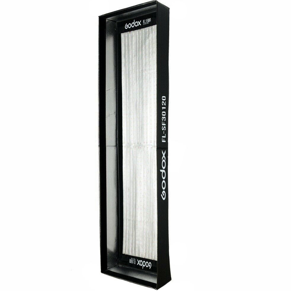 Black rectangular softbox with white diffusion panels and vertical ribbed design, shown at an angle against white background.
