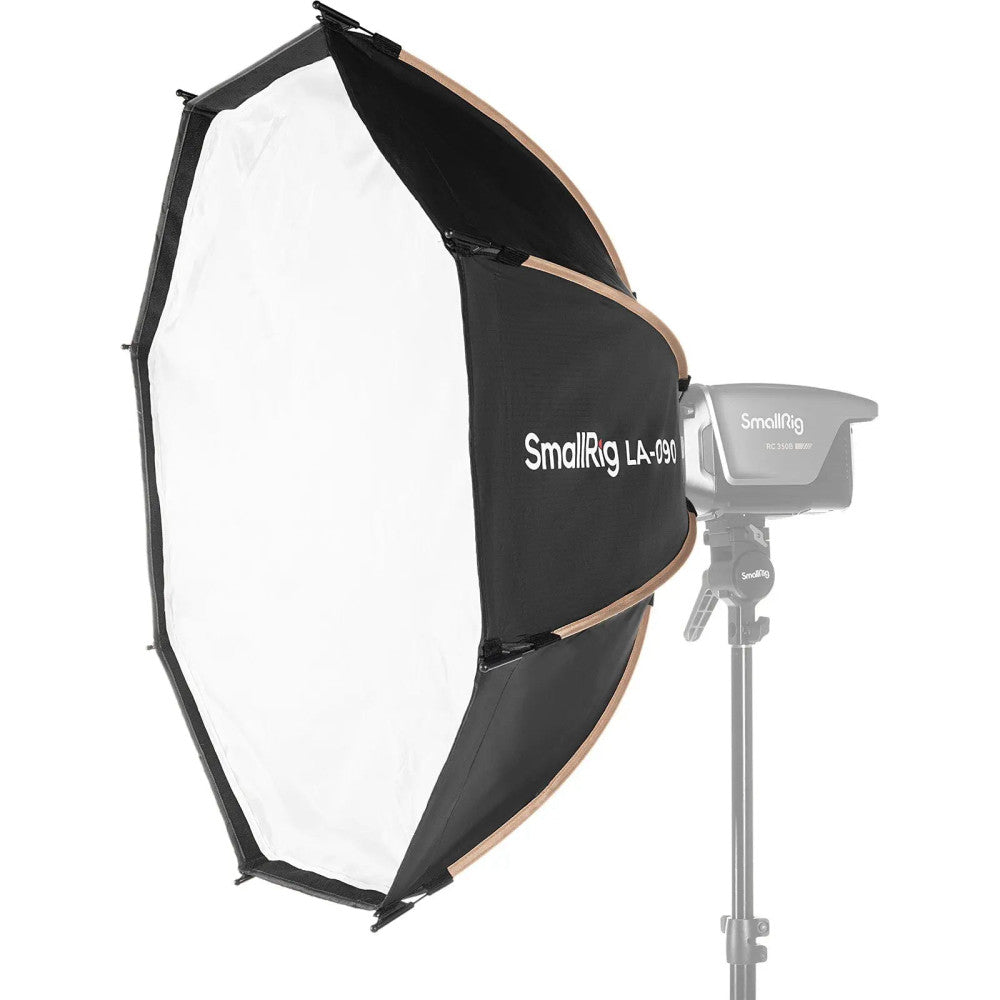 Octagonal softbox with white diffusion panel and black exterior, shown at an angle with mounted light source visible on the right side.