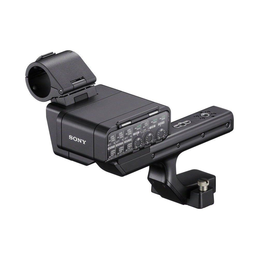 Black Sony XLR-H2 handle unit shown at three-quarter angle, displaying control knobs and connectors against white background.