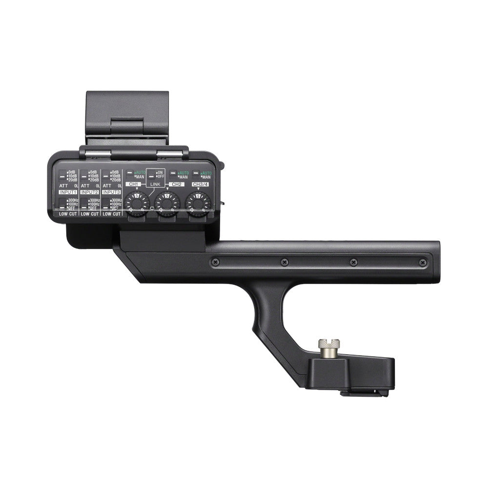 Side view of Sony XLR-H2 handle showing control panel with input channels, attenuators, and three rotary knobs mounted on black equipment.