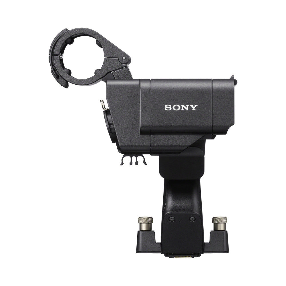 Front view of black Sony XLR-H2 handle with circular clamp mount on left side and adjustable knobs visible on base.