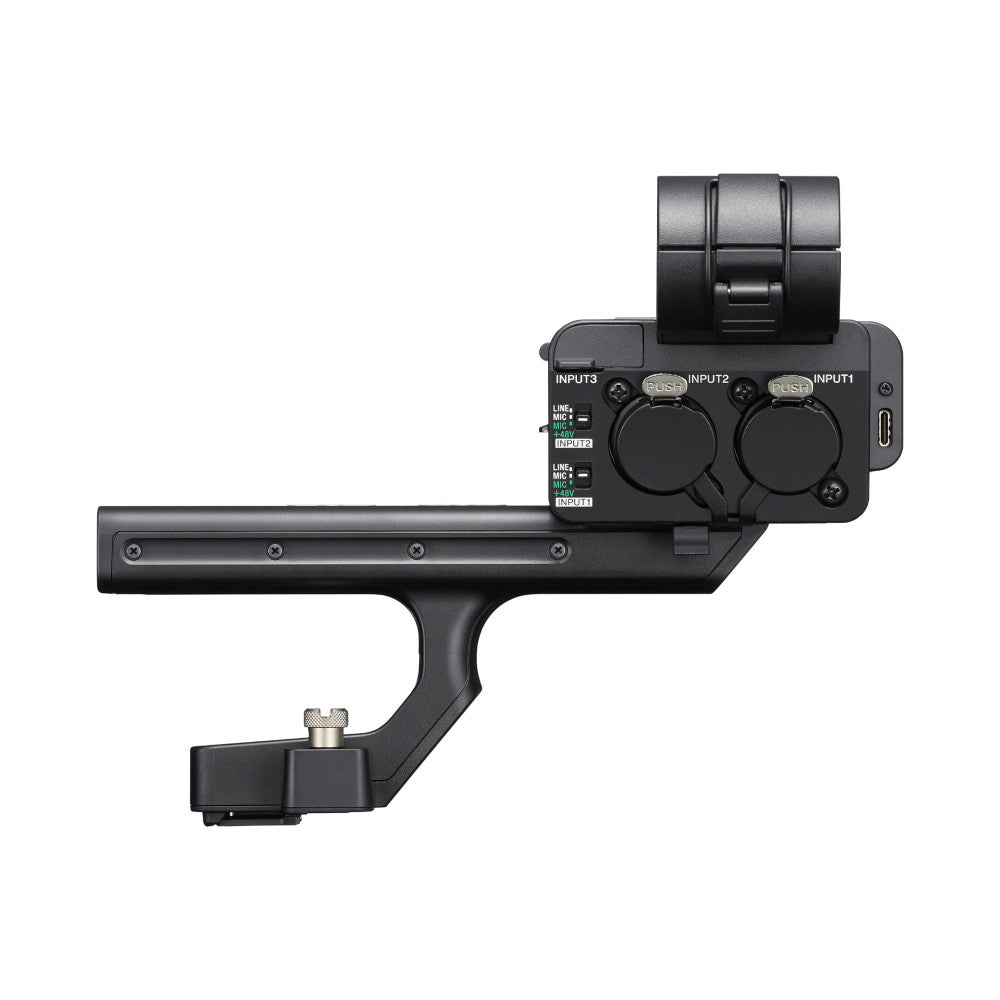 Black Sony XLR-H2 handle shown from side angle, displaying control knobs, input ports, and mounting bracket against white background.