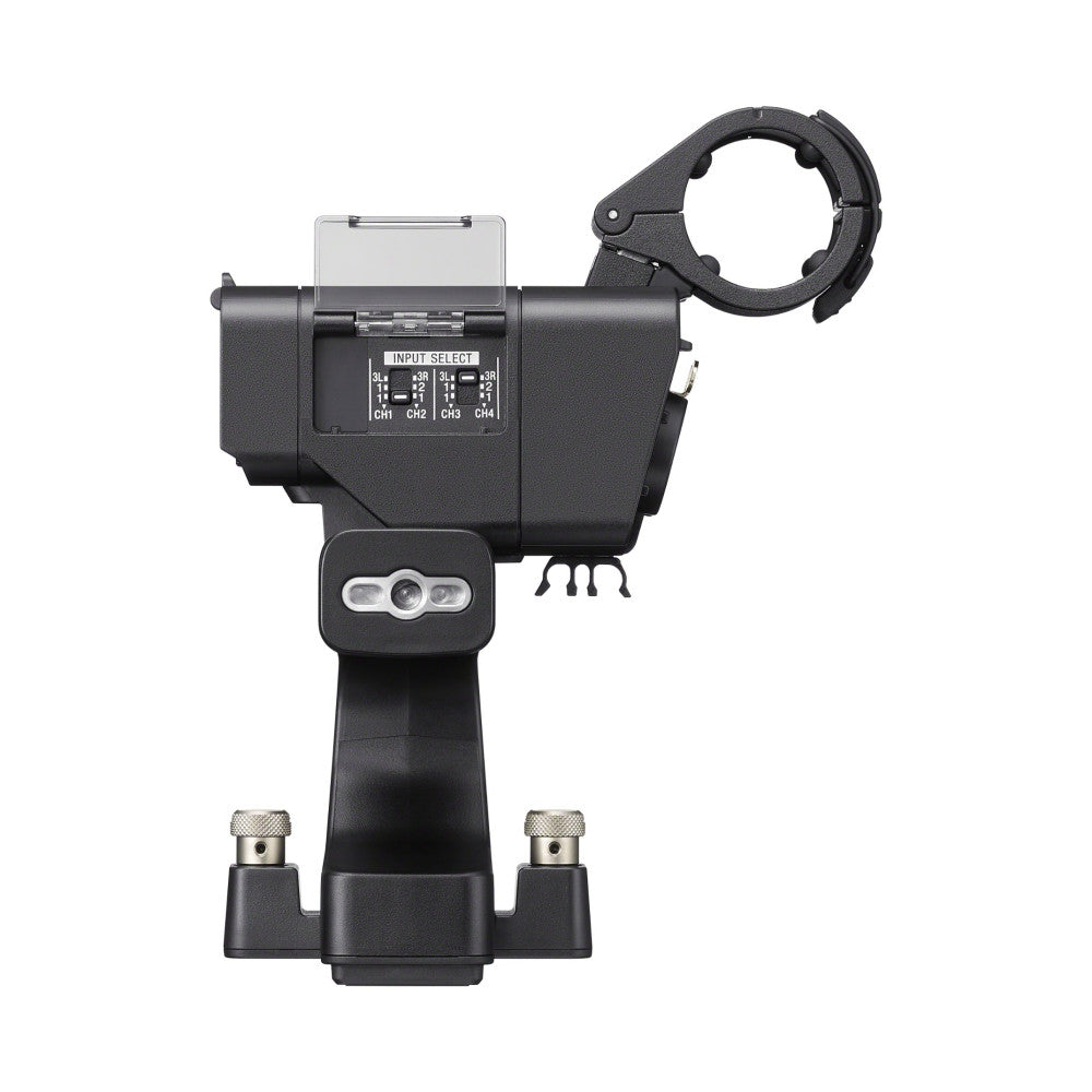 Front and side view of black Sony XLR-H2 handle showing input select panel, mounting bracket, control buttons, and XLR connectors on base.