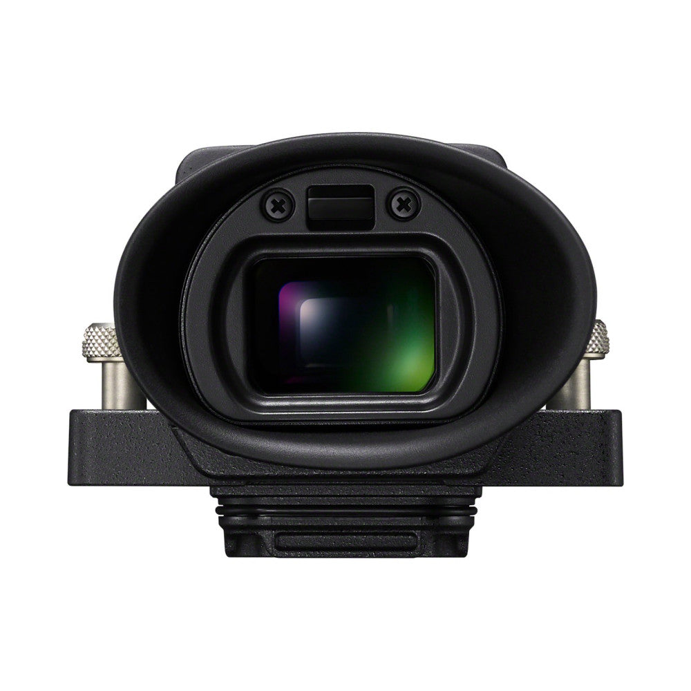 Front view of Sony DVFEL1 OLED viewfinder showing eyepiece with rubber hood, mounting base, and dual adjustment knobs against white background.