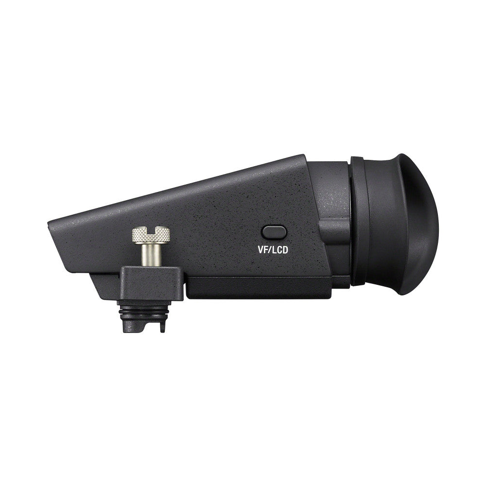 Black electronic viewfinder shown from the side, displaying VF/LCD label and hot shoe mount connector against white background.