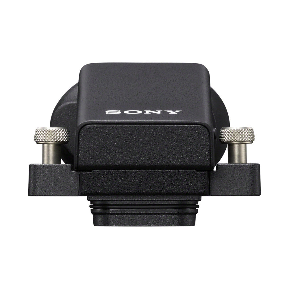Front view of black Sony DVFEL1 OLED viewfinder with metal adjustment knobs on sides and threaded mounting base.