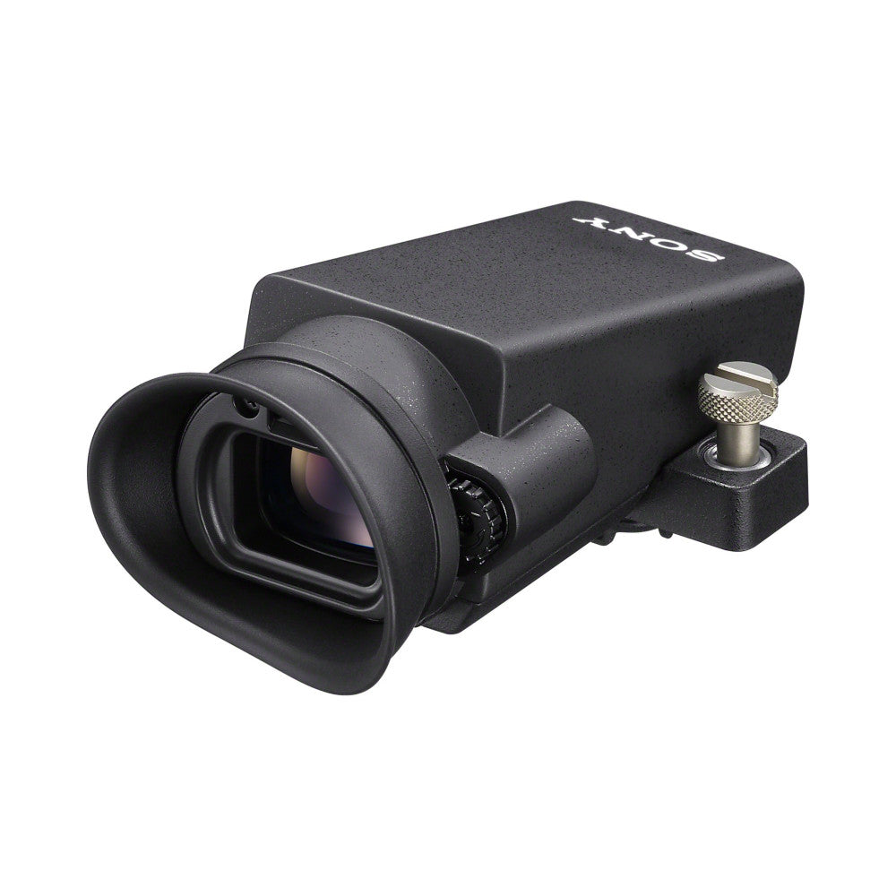 Black Sony OLED electronic viewfinder with lens attachment, shown at three-quarter angle against white background with mounting bracket visible on right side.