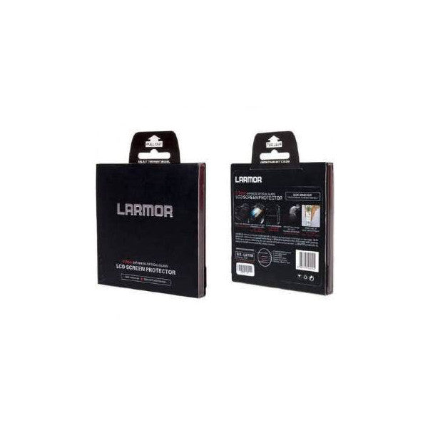 Front and back view of Larmor LCD screen protector packaging for Sony cameras, showing product branding and specifications on black box with hanging header.