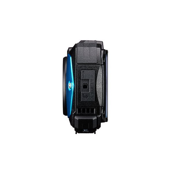 Side view of black Pentax WG-90 rugged camera with blue accent stripe and illuminated blue lens area against white background.