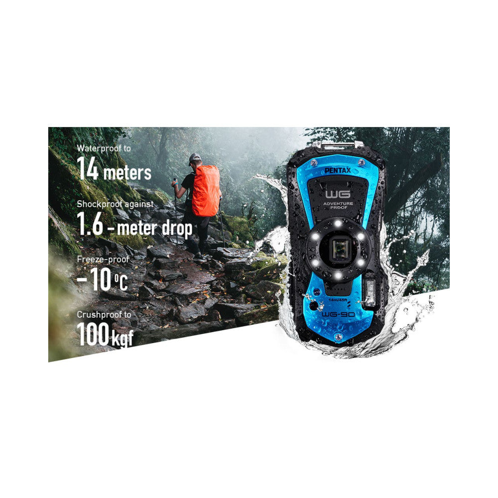 Pentax WG-90 blue camera shown from above with durability specs and hiker in forest backdrop.