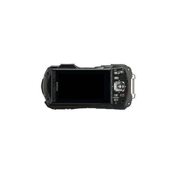 Rear view of a black Pentax WG-90 rugged digital camera displaying its LCD screen and control buttons on the back panel.