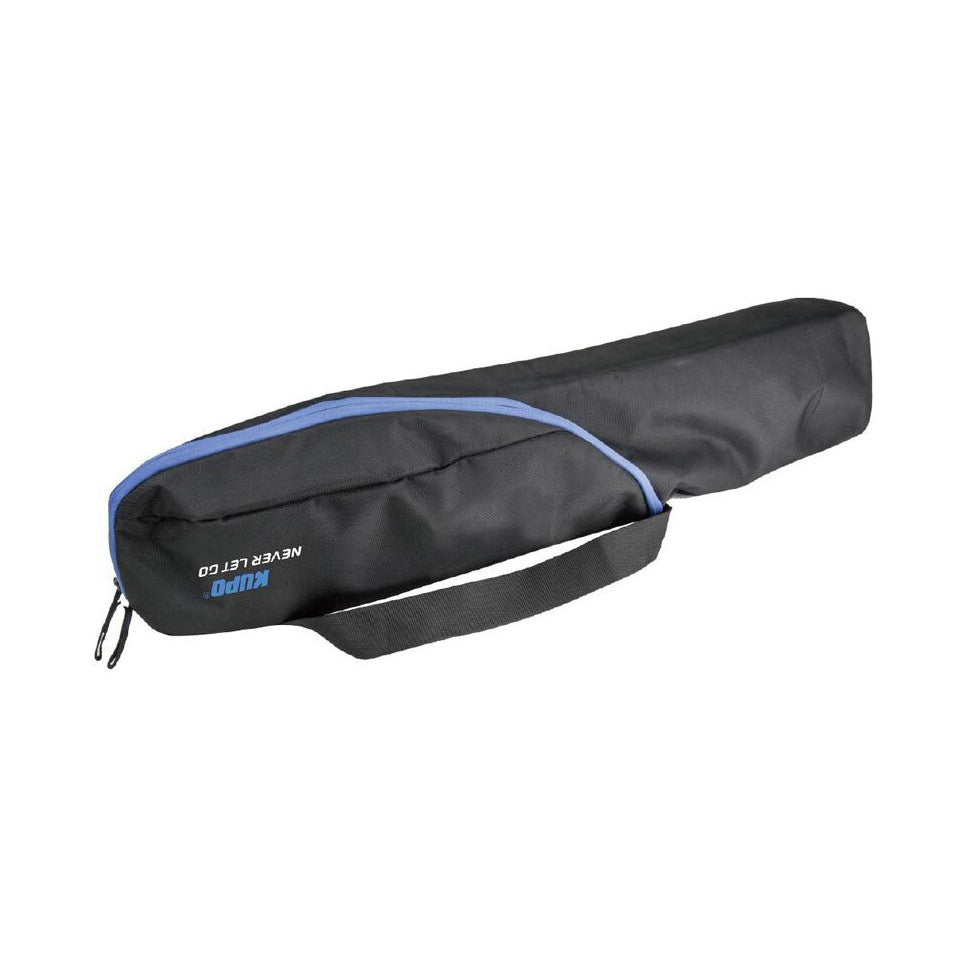 Black padded carry bag with blue trim and shoulder strap, shown from side angle against white background
