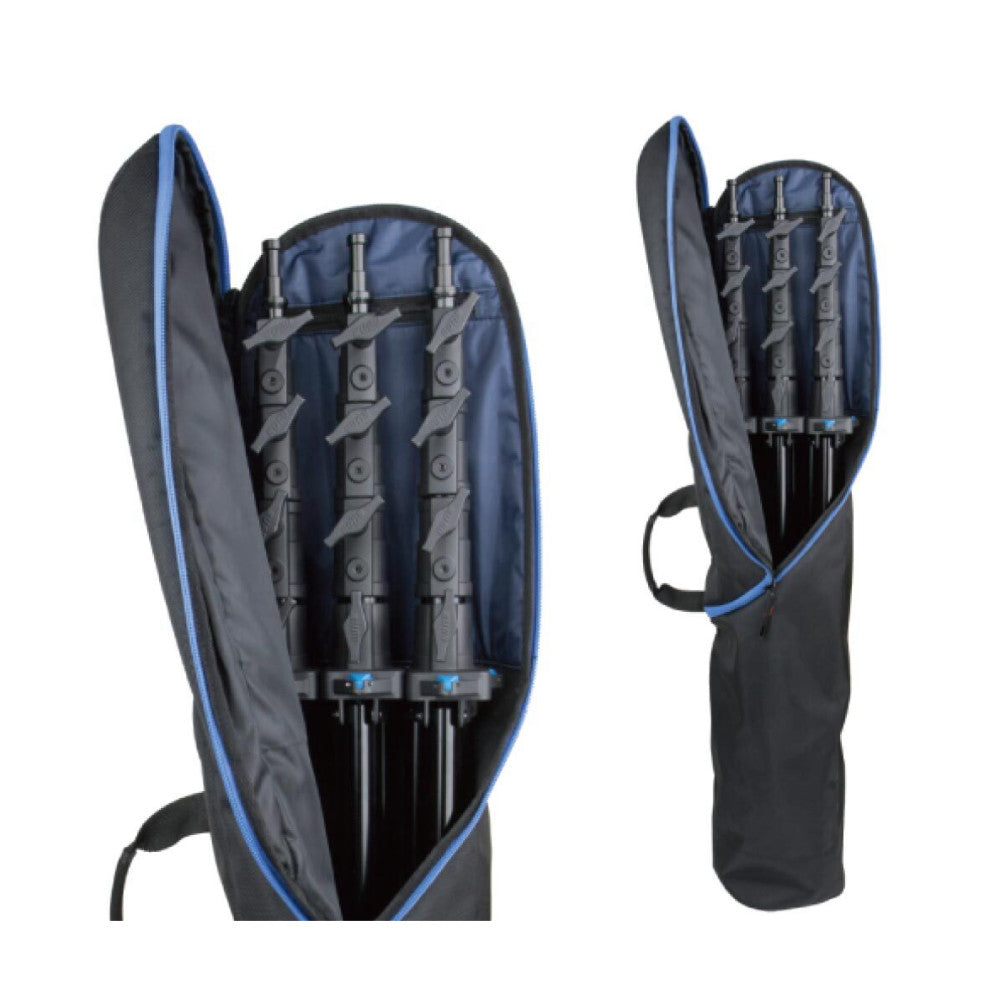 Kupo click stand carry bag shown open from front and side angles, displaying interior compartments holding multiple light stands with gray metal legs and blue accents.