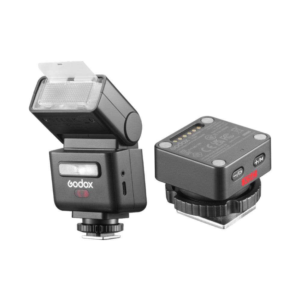 Godox iT32 flash unit and X5C wireless trigger shown side-by-side against white background, displaying front and top views of both devices.