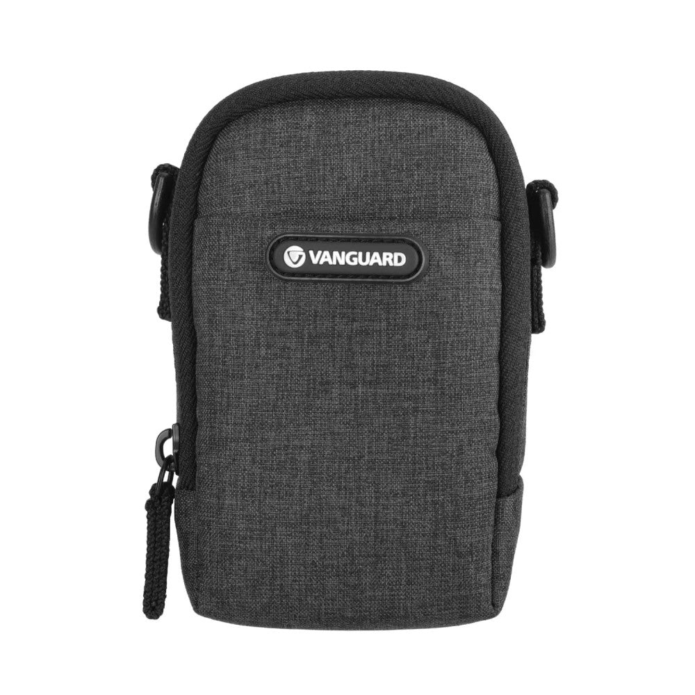 Front view of a grey fabric camera case with black trim, Vanguard branding, carry handles, and a side zipper pocket.