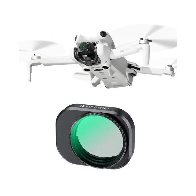 White DJI Mini 4 Pro drone above a circular green-tinted CPL filter with black frame and K&F Concept branding.
