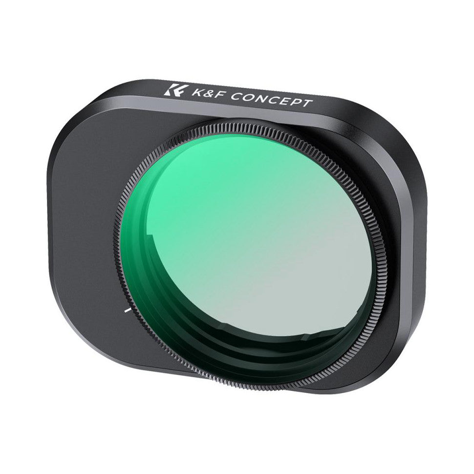 Black K&F Concept circular polarizing filter with green-tinted glass lens, shown at an angled front view against white background.