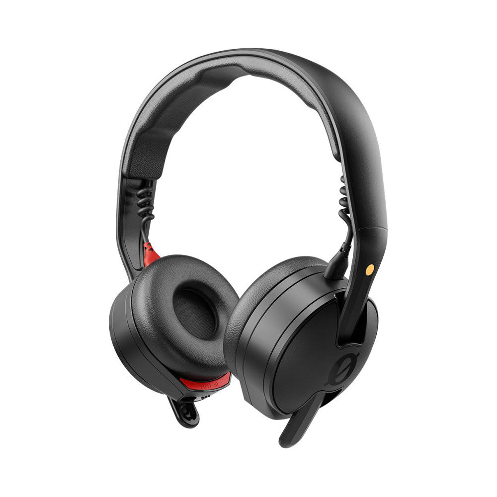 Black on-ear headphones shown from the front, displaying padded ear cups with red accents, curved headband with gray padding, and yellow control button on the right side.