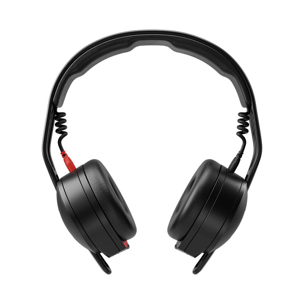 Top-down view of black over-ear headphones with coiled cables and red accents on ear cups, displayed against a white background.
