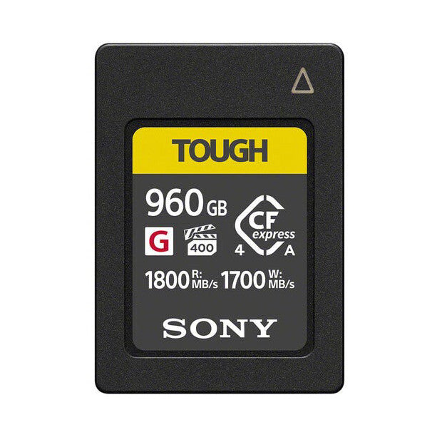 Front view of Sony 960GB CF Express Type A memory card showing yellow "TOUGH" label with specifications including 1800MB/s read and 1700MB/s write speeds.