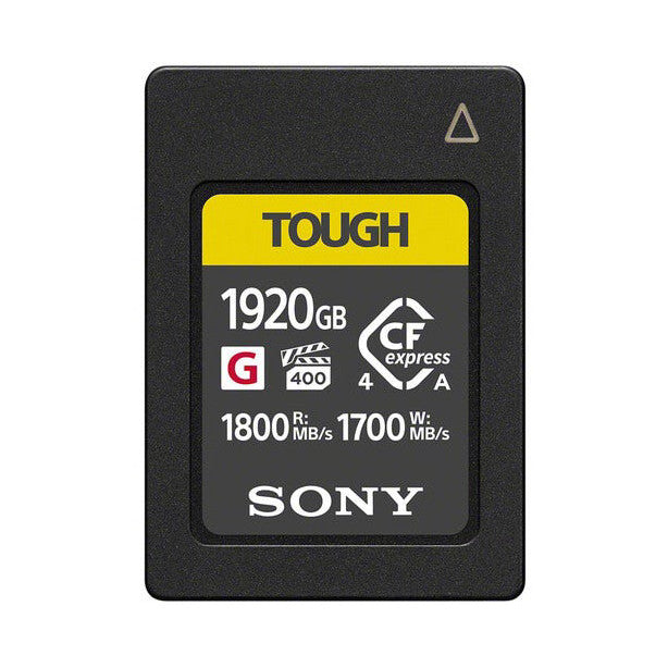 Front view of Sony CFexpress Type A memory card showing yellow TOUGH label with 1920GB capacity and specifications including 1800MB/s read and 1700MB/s write speeds.
