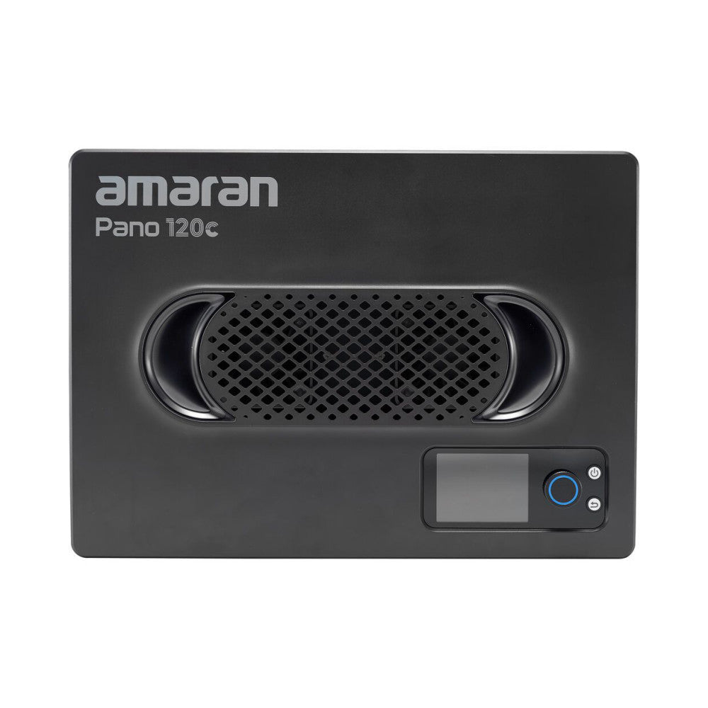Front view of Amaran Pano 120C light panel showing perforated mesh surface, curved side handles, and control panel with display screen and blue power button.