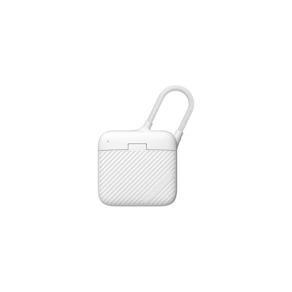 White card reader case with diagonal stripe pattern and carabiner attachment loop, shown at front angle view.